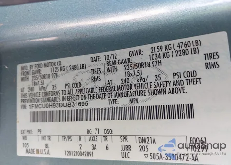 2013 Ford Escape Sel from USA, damaged, VIN 1FMCU0H93DUB31695